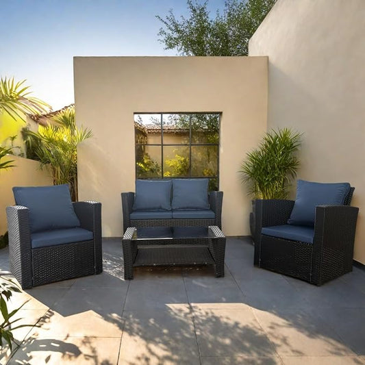 4 Piece Patio Furniture Set, All-Weather Wicker Sectional Conversation Set with Tempered Glass Table & Cushioned Sofa,Outdoor Sofa for Garden, Porch, Backyard (Black-Blue)