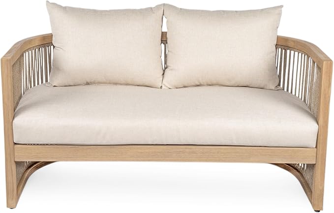 Christopher Knight Home 4-Piece Acacia Wood Patio Furniture Set, Mid-Century Modern Outdoor Conversation Set with Loveseat, Curved Club Chairs, Cushions & MgO Fire Pit for Backyard, Light Teak+White