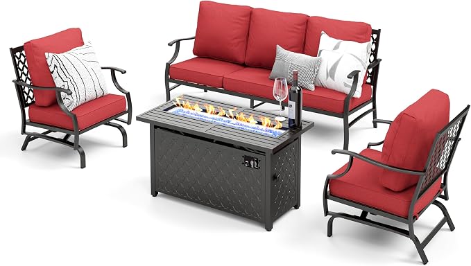 MIXPATIO Patio Furniture Set, 4 Pcs Metal Outdoor Conversation Set, 2 Rocking Chairs and 3 Seater Sofa with 5.75" Extra Thick Cushion and Gas Fire Pit Table for Backyard Deck, Red