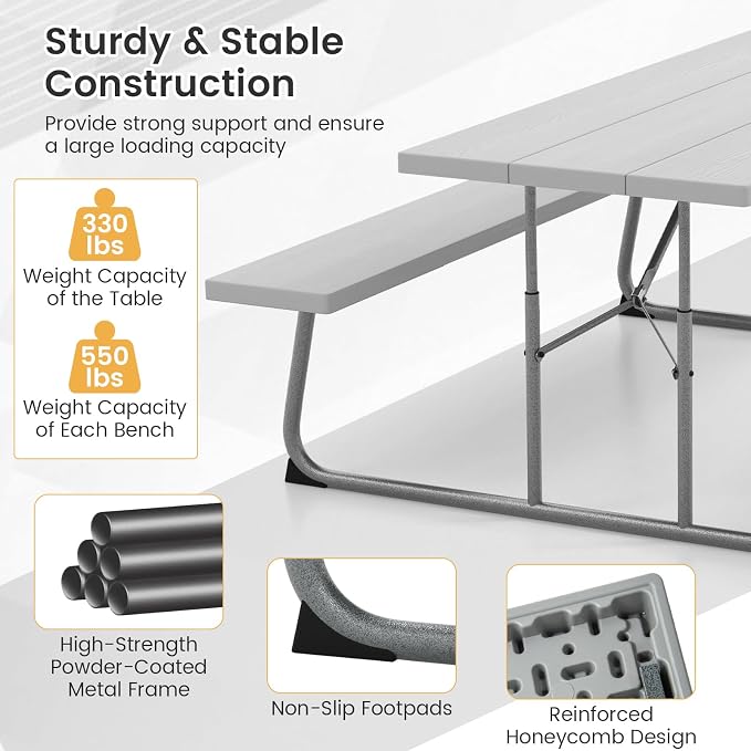 Giantex 6 FT Folding Picnic Table Bench Set- Outdoor Dining Set for 8 Persons w/All-Weather HDPE Tabletop, Metal Leg, Large Outside Dining Table for Lawn Patio Garden Yard Poolside, Grey