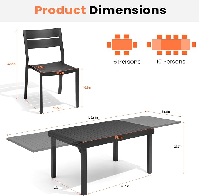 Pellebant 11-Piece Aluminum Outdoor Dining Set for 10, Stackable Contoured Seat Chairs with 17.3" Depth, Expandable Patio Table – Weather-Resistant Furniture for Deck, Porch & Backyard
