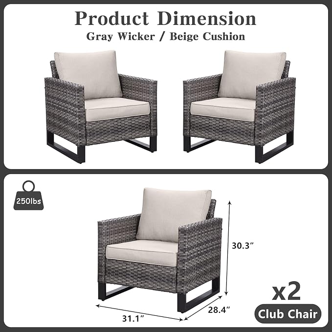 Belord Oversize Patio Chairs Set of 2 Outdoor Wicker Dining Chairs, All-Weather Rattan Patio Club Chair Furniture Sets with Water-Resistant Cushion Anti-Rust Frame Beige