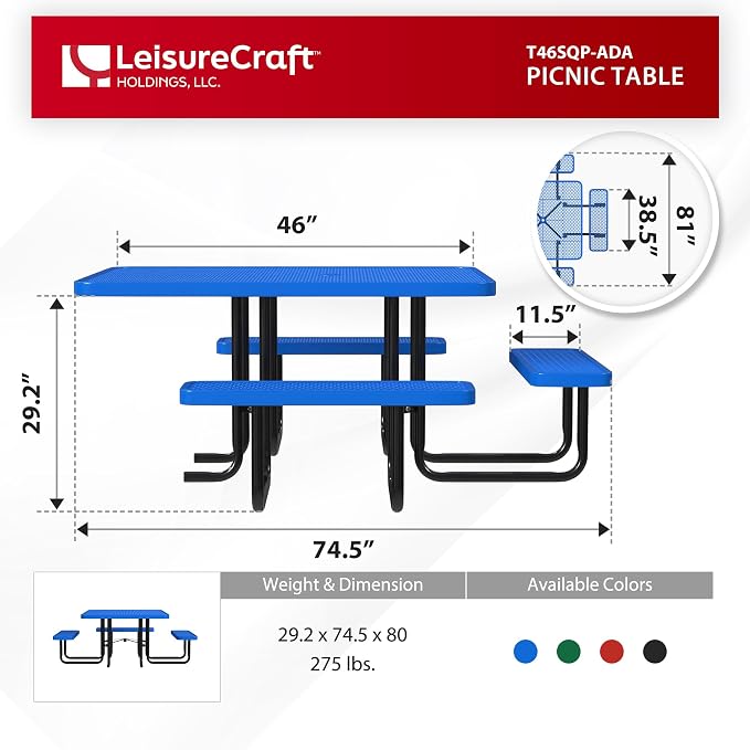 Leisure Craft Metal Picnic Table with Bench - 46" Square Outdoor Dining Table with Umbrella Hole, Heavy Duty Thermoplastic Coating, ADA Compliant, Commercial Grade Furniture Made in USA - Blue