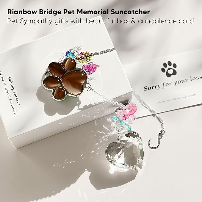 Dog Memorial Gifts, Pet Memorial Suncatcher, Loss of Dog Sympathy Gift | Thoughtful Dogs and Cats Bereavement Remembrance Gifts, Natural Cat's Eye Stone Paw Crystal Suncatcher