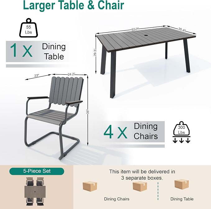 Outdoor Dining Set for 4, Patio Table and Chairs Set with Umbrella Hole, 5 Pieces All-Weather HDPE Outdoor Furniture Sets for Backyard Poolside Lawn Garden (Charcoal)