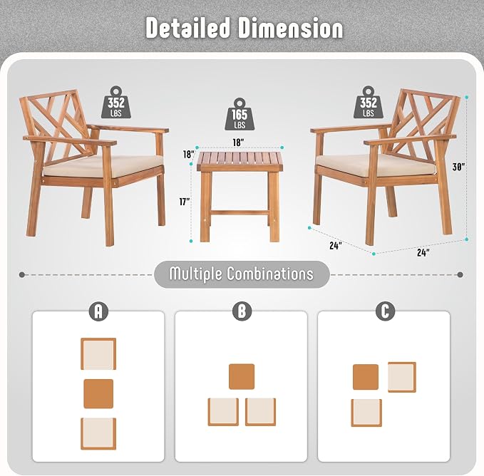 Werph 3-Piece Acacia Wood Outdoor Patio Furniture Set | Conversation Set with Padded Cushion Chairs and Coffee Table, for Porch Balcony Deck Backyard