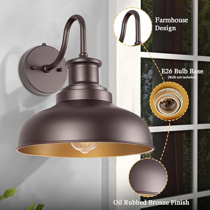 Dusk to Dawn Outdoor Barn Lights Outdoor Wall Sconces Farmhouse Exterior Wall Mount Light Vintage Outside Lighting Fixture Industrial Bronze Lantern for Porch Garage Shed Patio, 2 Pack