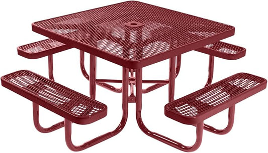COATEDOUTDOORFURNITURE Heavy-Duty Portable Outdoor Picnic Table with Umbrella Hole, Expanded Metal Commercial-Grade Patio Furniture Made in America (46" Square Top, Burgundy with Burgundy Frames)