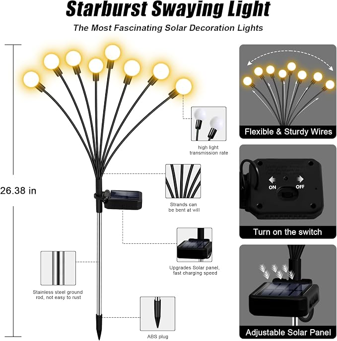 NBQQ Solar Lights Outdoor 6 Pack of 48 LEDs Swaying Firefly Garden Decor | Waterproof Solar Garden Lights for Yard Pathway Patio, Swaying Lawn Decor as Gardening Gifts for Women,Christmas Decor