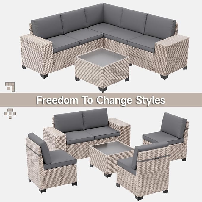 13-Piece Outdoor Patio Furniture Set with Fire Pit, Modular Sectional Sofa Set with Glass Coffee Table and Cushions, Wicker Outdoor Couch Conversation Sets, Gray