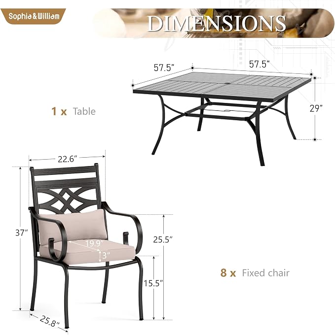 Sophia & William Patio Dining Set, Steel, Black | Umbrella Hole, Swivel Chairs, E-Coated, Cushions Included, For Patio, Garden and Yard