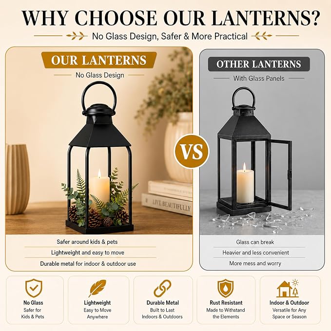 Decorative Metal Lanterns Indoor Outdoor, Lanterns Decorative Outdoor | 3Pcs Candle Holder for Front Porch, Fireplace, Patio, Entryway, Wedding & Christmas, Party Decoration, Table Centerpiece