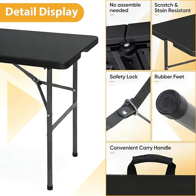 Folding Event Table, Heavy Duty Picnic Table Indoor Outdoor Camping, 4FT Portable w Handle Lock for Banquet, Black