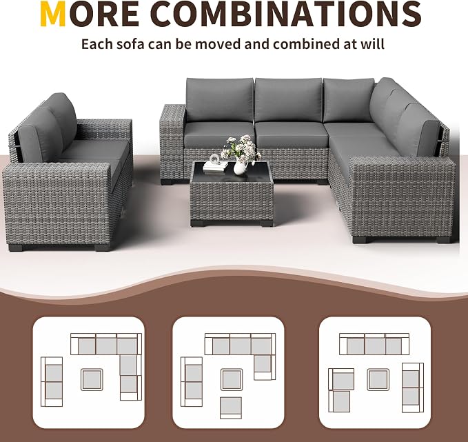 Outdoor Patio Furniture Set, Wide Outdoor Sectional Rattan Sofa Set, Wicker Patio Conversation Set with Cover for Deck, Poolside, Porch, 8 PCS (Grey & Grey)