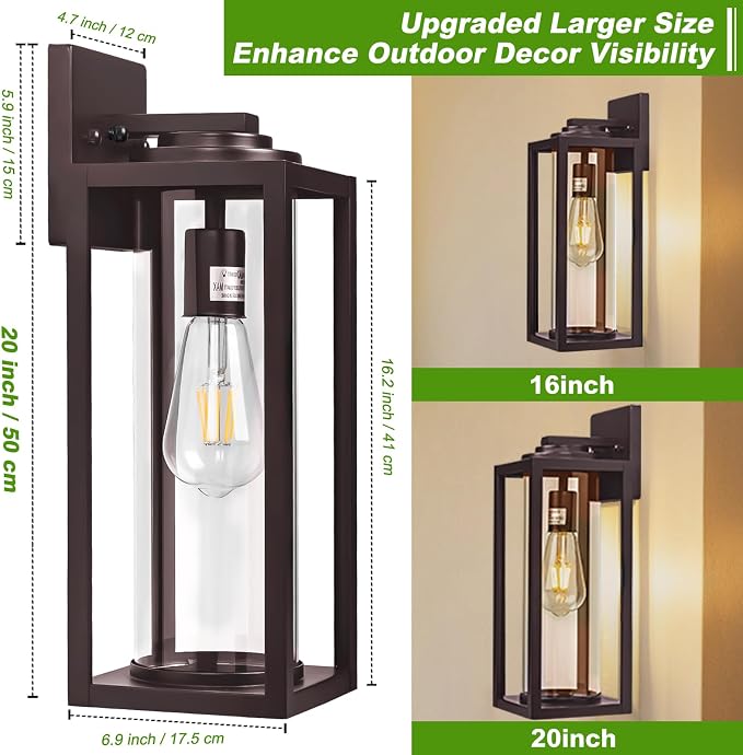 FILIYANO Large Outdoor Wall Lights, 20 Inch, Oil Rubbed Bronze, 2 Pack | Anti-Rust, Waterproof, Brown Exterior Lanterns with Clear Glass, Modern Farmhouse Sconces for Garage, Porch, Front Doo