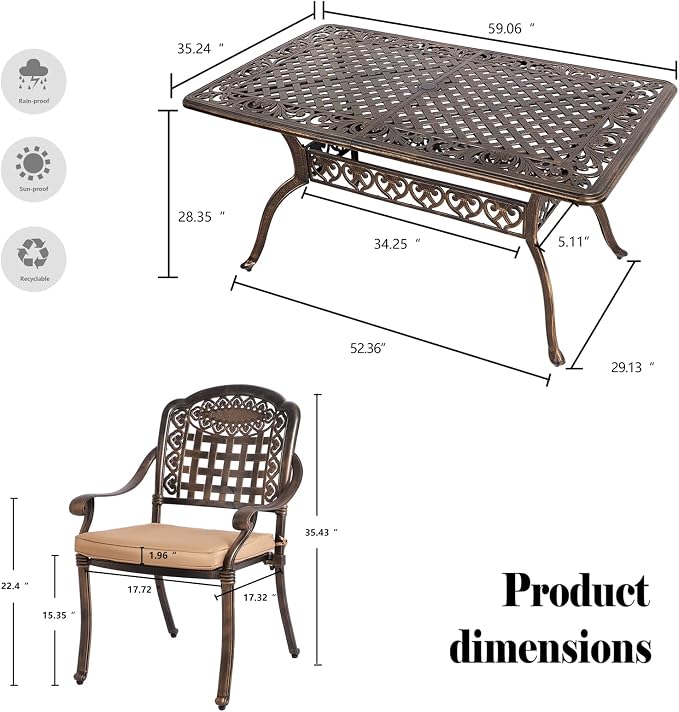 TITIMO 7-Piece Cast Aluminum Patio Furniture Set, Outdoor Patio Dining Set Bistro Conversation Set, All-Weather Rectangular Table w/Umbrella Hole (Khaki-Fixed Grid Chair, 7 Pcs)