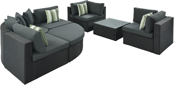LUMISOL 7-Piece Patio Sofa Set, 93.5" Large Outdoor Half-Moon Sectional Sofa with Curved Ottoman & Coffee Table, Wicker Patio Conversation Set with Cushions for Backyard, Garden, Green Grey