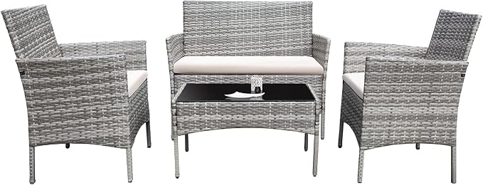 Homall 4 Pieces Outdoor Patio Furniture Sets Rattan Chair Wicker Set,Outdoor Indoor Use Backyard Porch Garden Poolside Balcony Furniture (Grey and Beige)