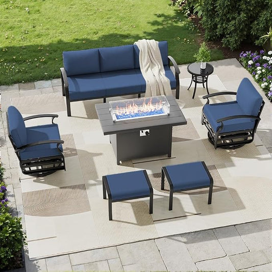 Aluminum Patio Furniture Set with Fire Pit Table, 7 Seats Outdoor Patio Conversation Sets with Swivel Chair Modern Metal Sectional Sofa with Upgrade Cushions for Patio, Backyard - Blue