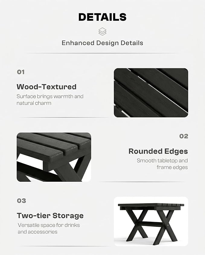 Outdoor Folding Side Table, Lightweight & Space-Saving Design, All-Weather HDPE Material, Realistic Wood-Grain Finish (Black,1 Table)