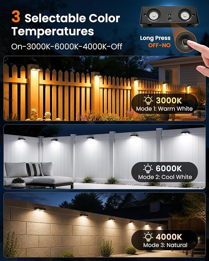 JOFIOS Fence Lights Solar Powered 12 Pack, 3000/4000/6000K 3 Modes, IP65 Waterproof Solar Fence Lights Outdoor, Dusk to Dawn Deck Lights for Outside, Wall, Backyard, Step, Patio, Stair Railings
