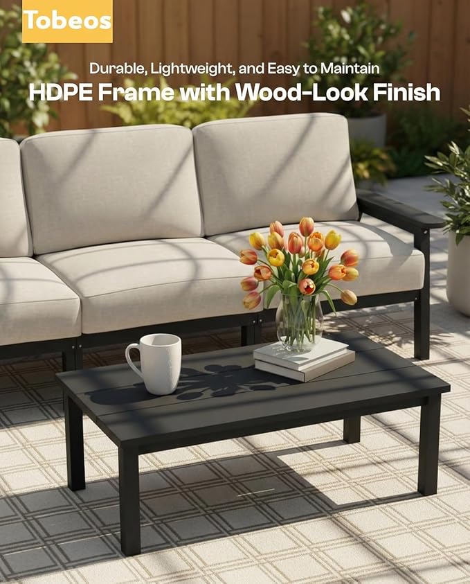 HDPE Patio Furniture Set 10 Seats, Outdoor Couch with Washable Thick Beige Cushions & Coffee Table & Side Table, Outdoor Sectional Furniture for Backyard, Deck, Lawn, Porch (Black Frame)