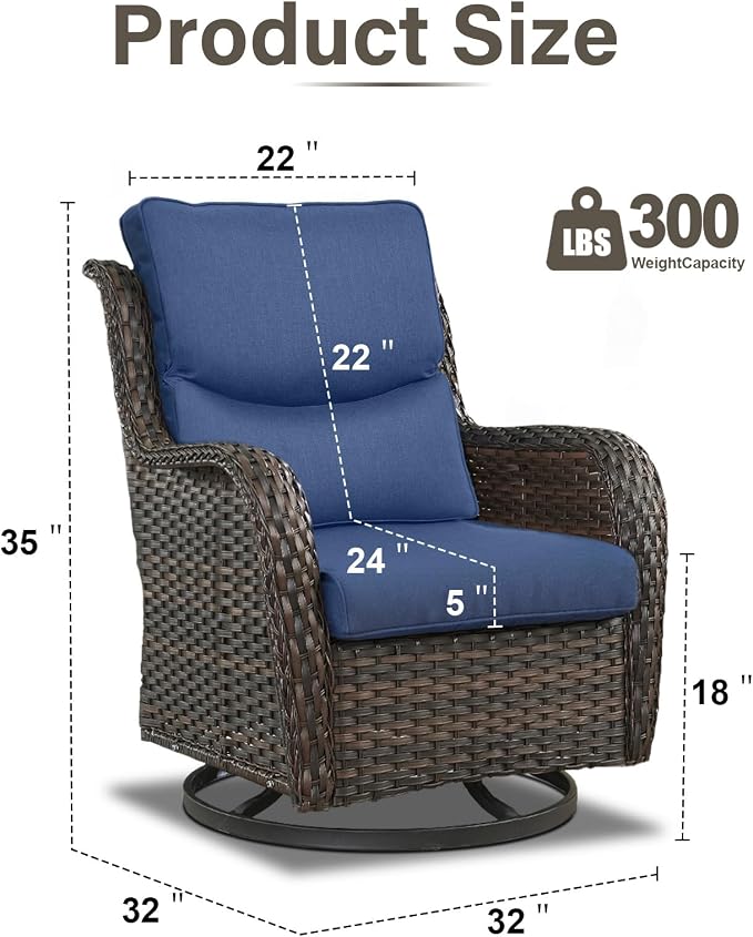 Swivel Patio Chairs Set of 2 with 5" Thick Cushion - Wicker Outdoor Swivel Rocker Patio Chairs, High Back Comfortable Outdoor Glider Chair for Balcony, Porch, Deck, Poolside - Brown/Blue