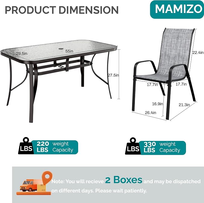 MAMIZO 7 Pieces Patio Dining Set for 6, Outdoor Table and Chairs w/Rectangle Glass Table and 6 Textilene Stackable Chairs, Patio Furniture Set w/1.69" Umbrella Hole (Black Table & Grey Chair)