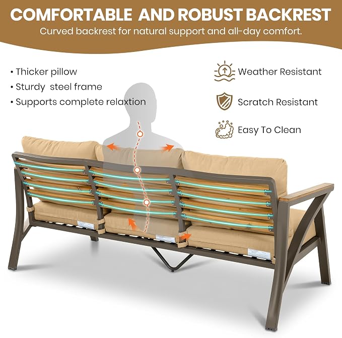 JIVOIT Outdoor Patio Furniture Set, 6-Piece Steel Frame Sofa Set with Acacia Wood Coffee Table, 3-Seat Couch, 2 Armchairs, 2 Ottomans, Cushioned Seating for Backyard, Garden, Poolside (Brown/51)