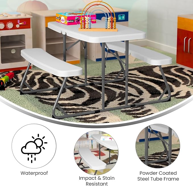 Flash Furniture Paige Easy-Fold Kids Outdoor Picnic Table and Benches - Commercial Grade Folding Plastic Play Table - Recommended for up to Age 5 - White
