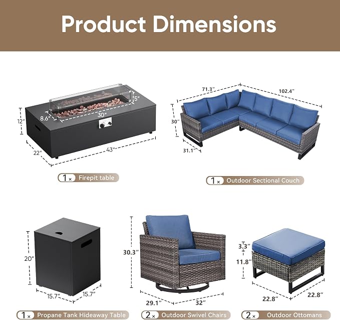 HUMMUH 9 Piece Patio Furniture Set,Outdoor Sectional Sofa Couch & Swivel Rocker Chairs,Propane Firepit with Hidden Fuel Tank,Outdoor Conversation Set for Porch,Garden,Backyard