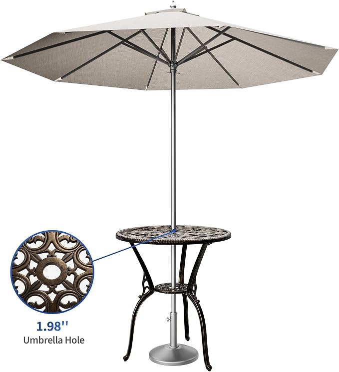 Garvee 23" Round Patio Dining Table with Umbrella Hole,Antique Cast Aluminum Outdoor Bistro Table,Umbrella Table,Side Table,End Table,Outdoor Furniture for Backyard,Garden,Patio,Porch,Bronze