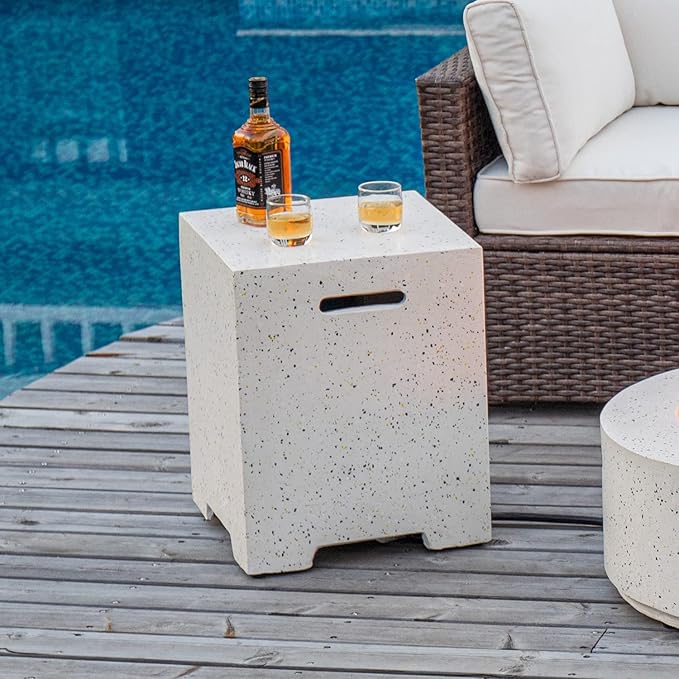 COSIEST Outdoor Hideaway Tank Table for Gas Fire Pits, Hides Standard 20lb 16-inch Propane Tank Cover w Side Handles (Terrazzo)