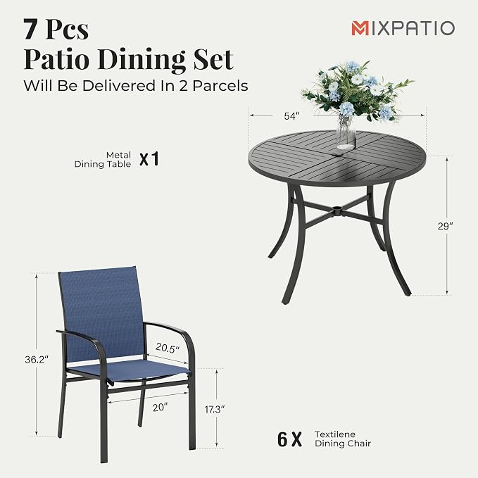 MIXPATIO 7 Pieces Outdoor Table and Chairs, Patio Dining Set for 6 Includes 54" Round Outdoor Table and 6 Blue Patio Chairs, Outdoor Dining Furniture Set for Lawn Backyard Deck,
