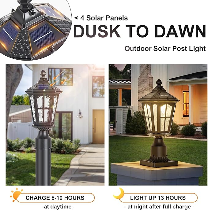 2 Pack Outdoor Solar Lamp Post Light with Pier Mount Base, Dusk to Dawn Aluminium Classic Exterior Pole Lamps with Water Ripple Glass, Solar Pillar Lights for Fence, Gate, Driveway, Black