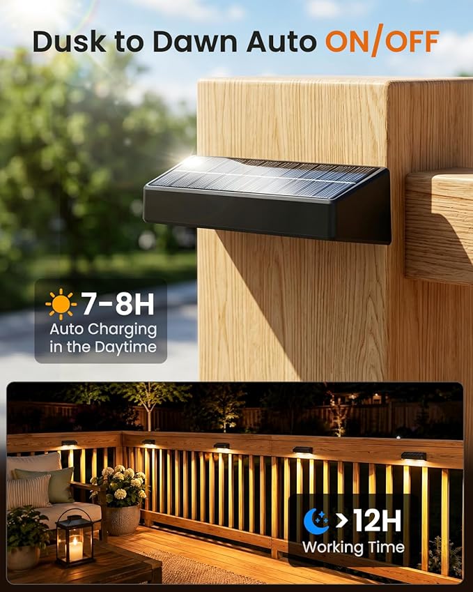 JOFIOS Fence Lights Solar Powered 12 Pack, 3000/4000/6000K 3 Modes, IP65 Waterproof Solar Fence Lights Outdoor, Dusk to Dawn Deck Lights for Outside, Wall, Backyard, Step, Patio, Stair Railings