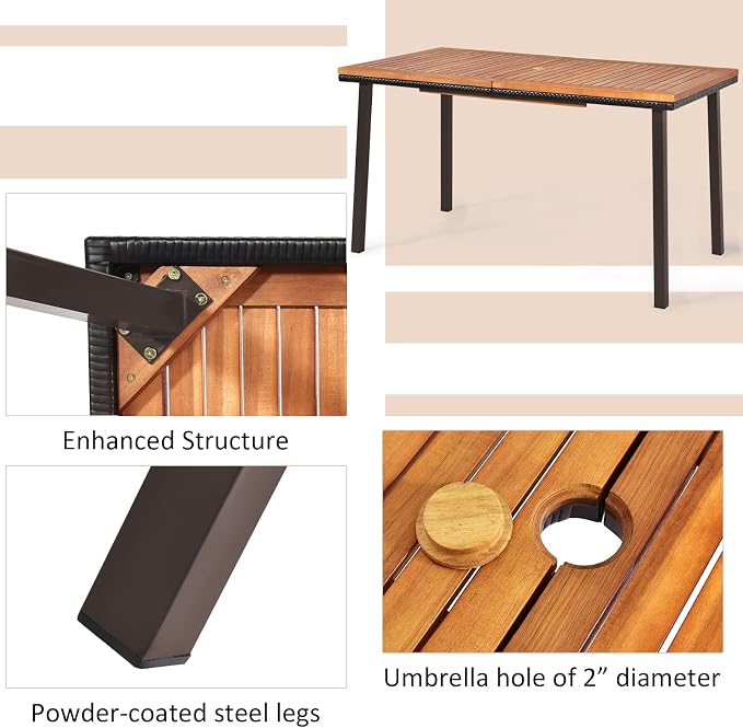 Tangkula 55 Inches Acacia Wood Patio Dining Table for 6, Rectangle Outdoor Dining Table with Metal Frame and Umbrella Hole, 6-Person Outside Table for Patio, Garden, Yard