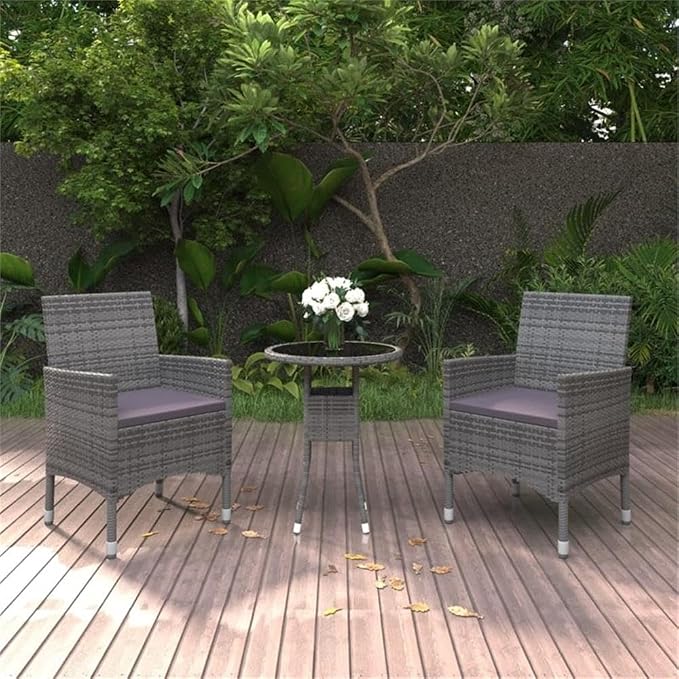 Afuera Living 3 Piece Garden Dining Set, Gray Poly Rattan, Tempered Glass Table, Cushioned Chairs, Compact and Durable Outdoor Patio Furniture for Small Gatherings