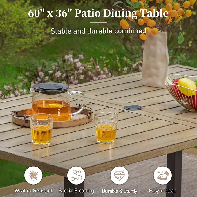 SUNSHINE VALLEY Patio Dining Set,60x36 Outdoor Table w/Umbrella Hole | Outdoor Table and Chairs Set w/ Umbrella Hole, 2 Leg Chairs, 2 Swivel Chairs, 1 Metal Table and 1 Cushioned Bench