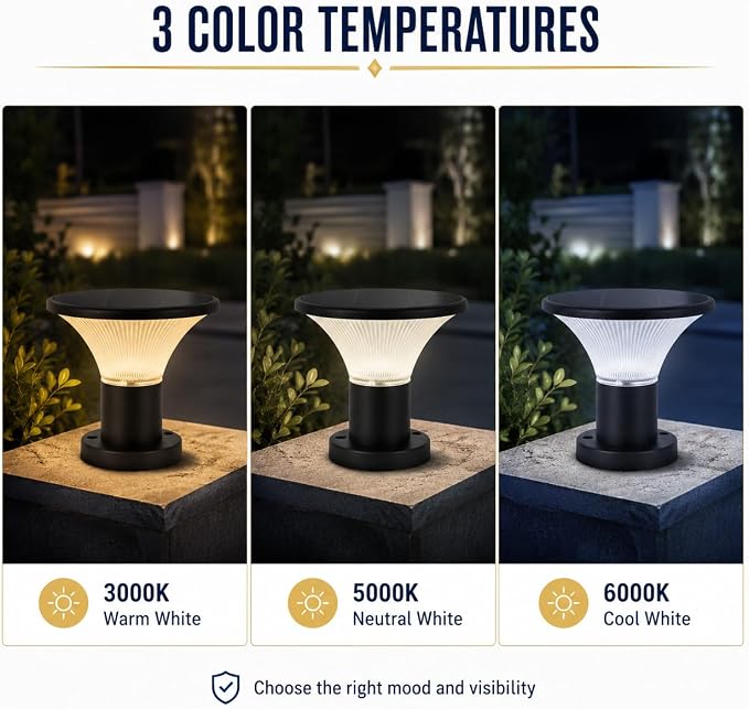 Solar Post Cap Lights, 4400mAh Solar Post Lights Outdoor with 5V 8W Round Mono Panel, 3 Color Modes, IP65 Waterproof Aluminum Fence Post Solar Lights for Garden Patio Deck Driveway, Fit Most Posts