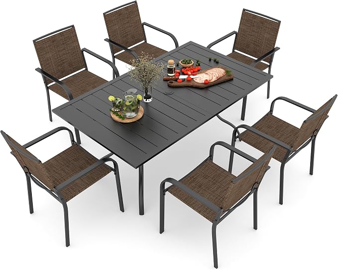 Outdoor Patio Dining Set 7 with Brown Stackable Chairs, 63" Rectangle Table | 6 Psc Stackable Chairs, Textilene Seat&Back, Metal Table, Slat Table Top, 6 Person Use, 1.57"-1.9" Umbrella Hole, All Weather