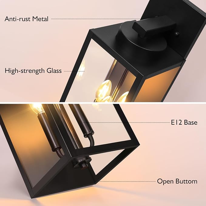 BesLowe 19” Large Outdoor Wall Light, 3-Light Exterior Porch Sconce, Black | Waterproof, Rust-Resistant, Durable Metal with Clear Glass, Standard E12 Socket, Easy to Install