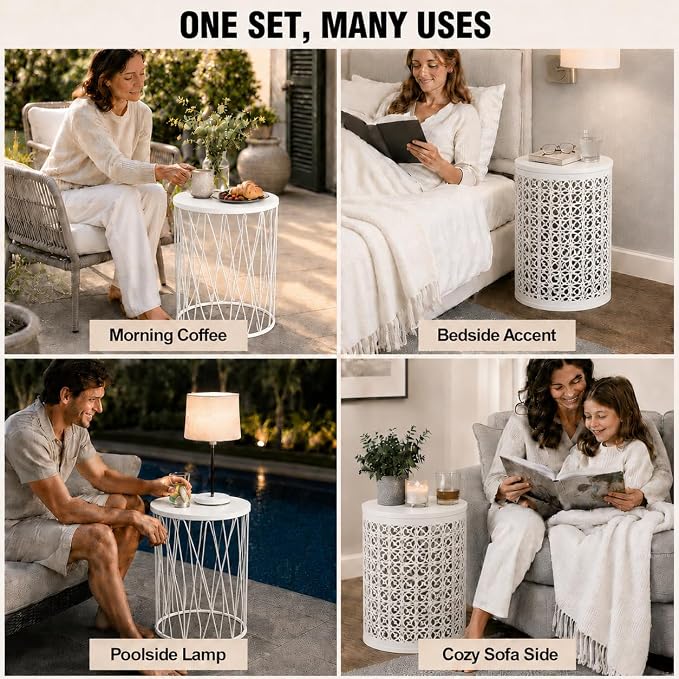 Y&M Outdoor Side Tables, Set of 3 Metal Stacking Patio Side Tables for Outside, Round Indoor End Tables, Coffee Accent Poolside Tables for Patio Garden Balcony, White