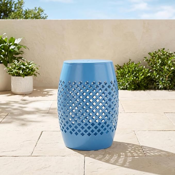 12" Outdoor Side Table, Metal Cutout Drum Side Table, Patio Garden Stool | Coffee End Tables for Small Spaces, Living Room, Backyard, Poolside