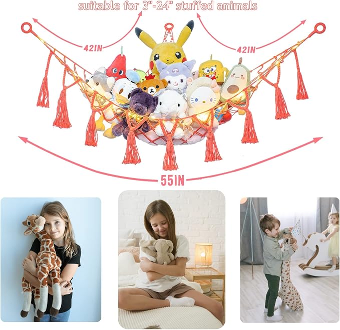 Macrame Stuffed Animal Hammock- Coral Red Hanging Corner Storage Net for Nursery & Bedroom Plushie Organization(No LED Lights)