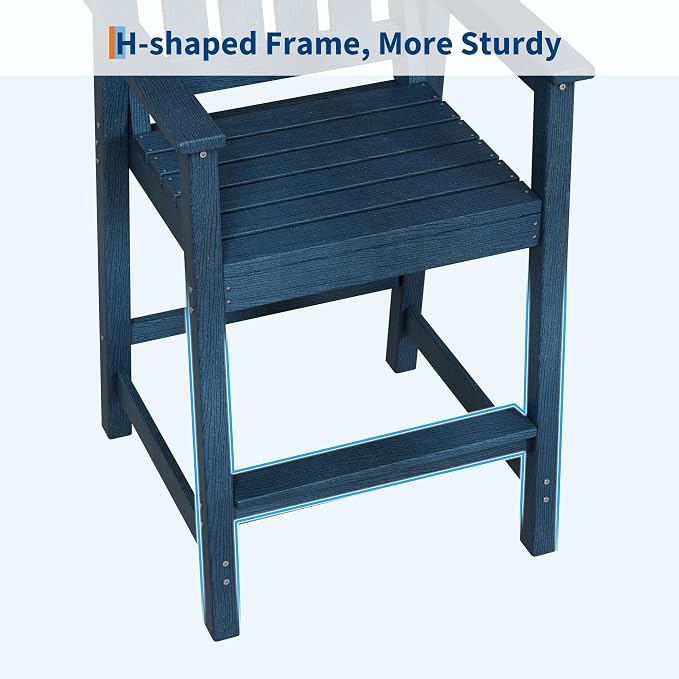 Takywep Set of 2 HDPE Wood Grain Outdoor Bar Stools, 27.7" High Counter Height Chairs with Armrests and Back, Weatherproof Pub Seating for Patio, Balcony, Garden, Deck, Backyard, Navy Blue
