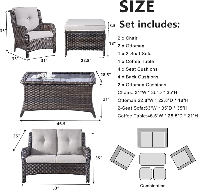 Belord 6 Pieces Patio Furniture Set Outdoor Wicker Furniture, 2 Patio Wicker Chairs with 1 Loveseat Sofa, Coffee Table and Ottomans, Patio Conversation Set for Porch Garden Deck Balcony Poolside