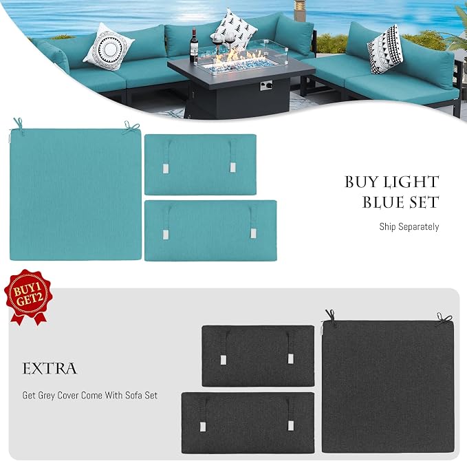 BULEXYARD 8 Person Modern Aluminum Outdoor Patio Furniture Set with Fireplace, 29 inch Wide Deep Seating, Fade Resistant L-Shaped Sectional Couch, Plus Size Conversation Set for Backyard Terrace, Teal