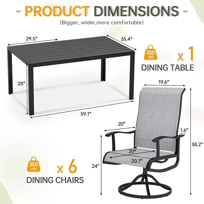 PIZZELLO 7-Piece Outdoor Patio Dining Set with 6 Swivel Patio Chairs and 59"x 35" Rectangular Dining Table, All Weather Patio Dining Furniture Set for Backyard, Garden, Deck and Poolside