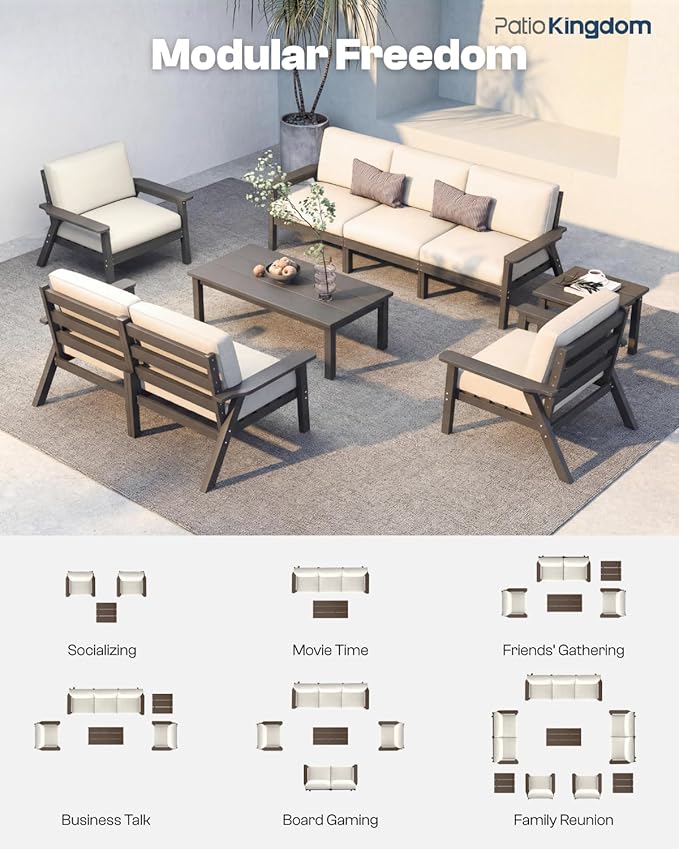 HDPE 5 Piece Patio Furniture Set, Outdoor Sectional Furniture with Beige Washable Thick Cushions & Coffee Table, Patio Conversation Sets for Garden, Porch, Balcony, Deck (Grey Frame)